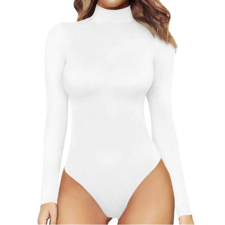Women's long-sleeve turtleneck bodysuit with a close fit and high-cut leg openings