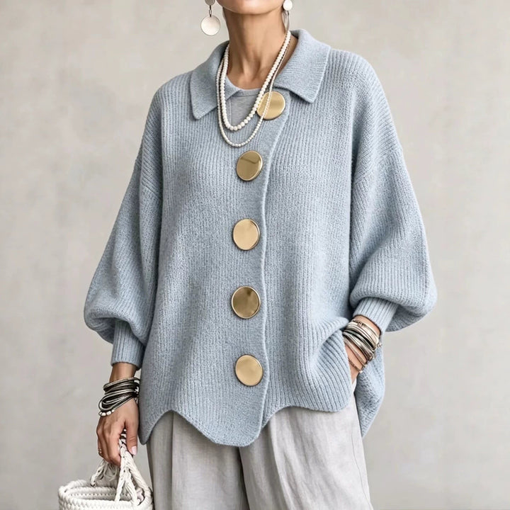 Women's oversized ribbed knit cardigan with pointed collar and large buttons