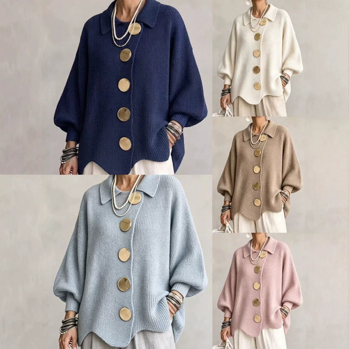 Women's oversized ribbed knit cardigan with pointed collar and large buttons