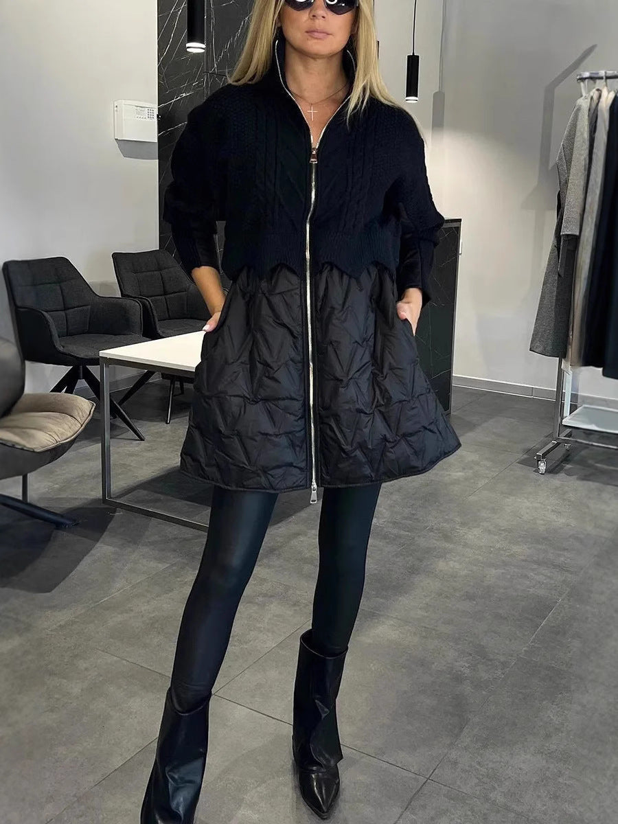 Women's hooded quilted hybrid jacket with textured upper panel and zip front