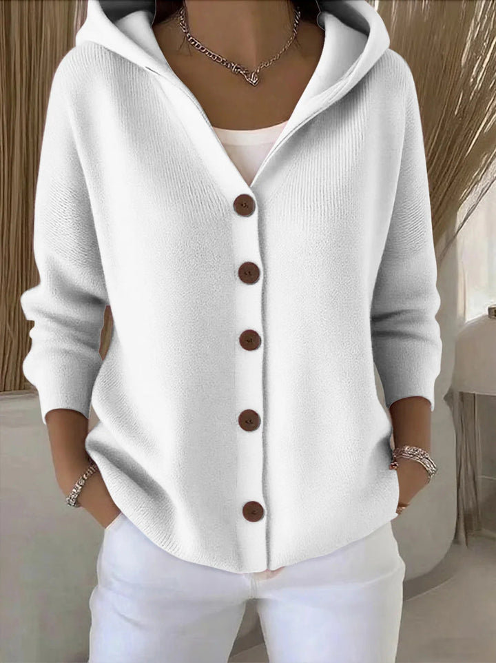 Women's hooded cardigan with long sleeves and contrasting front buttons