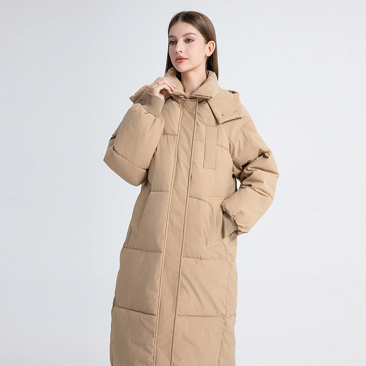Women's long quilted puffer coat with hood, zipper front and patch pockets