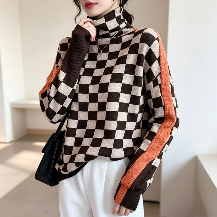 Women's herringbone turtleneck pullover with contrast trim and long sleeves