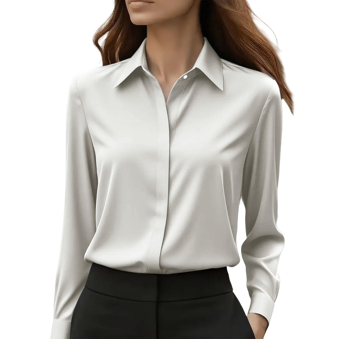 Women's long-sleeve button-front blouse with pointed collar