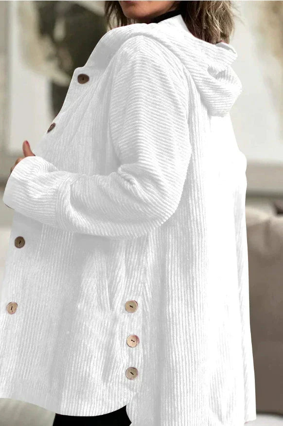 Women's hooded ribbed longline jacket with button front and angled pockets