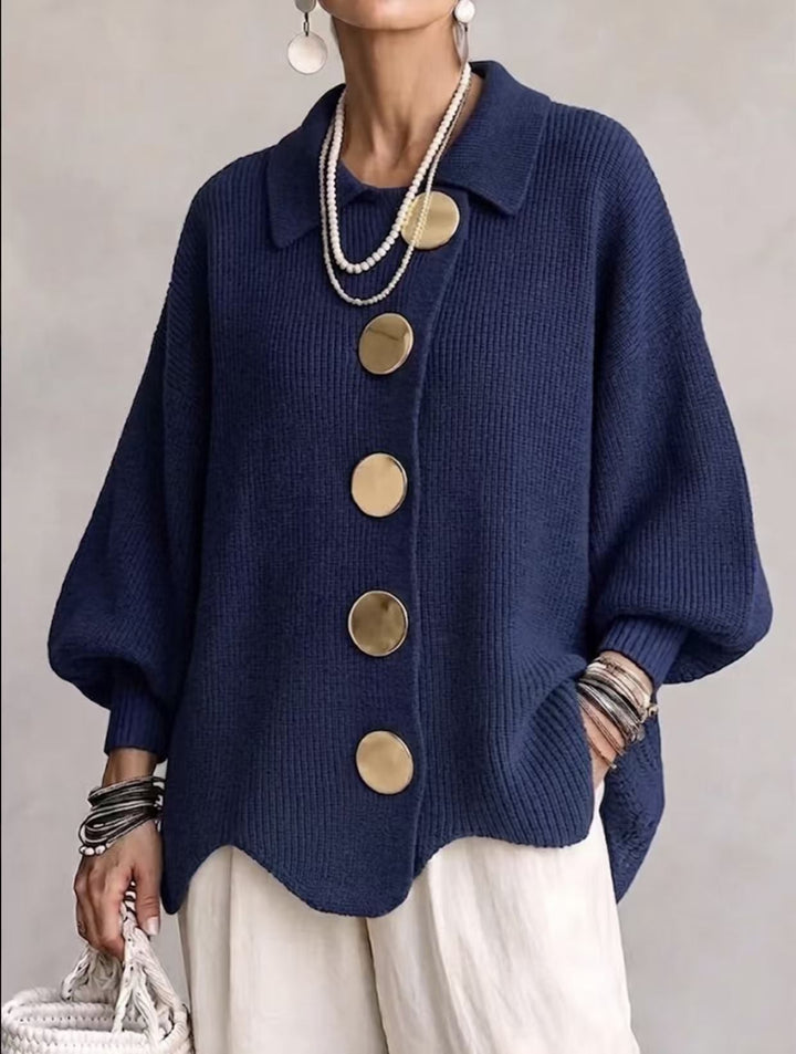 Women's oversized ribbed knit cardigan with pointed collar and large buttons