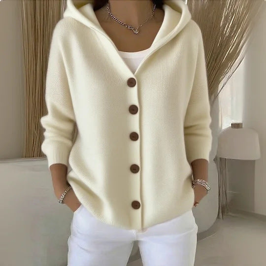 Women's hooded cardigan with long sleeves and contrasting front buttons