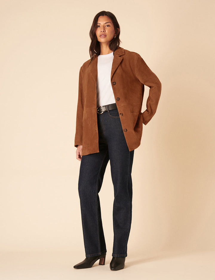 Women's brown blazer jacket with notched lapels, buttons and patch pockets