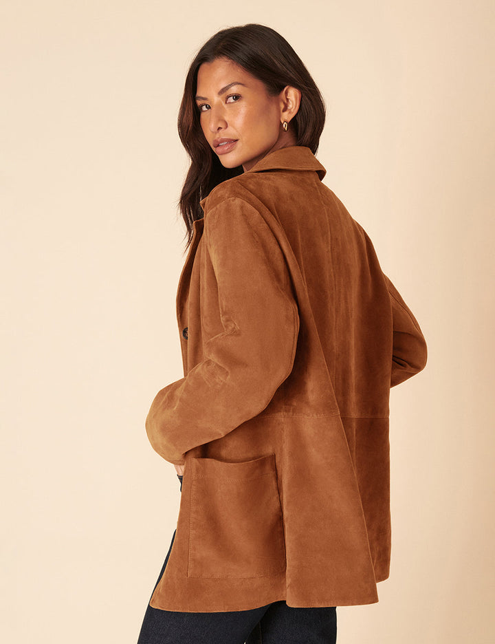 Women's brown blazer jacket with notched lapels, buttons and patch pockets