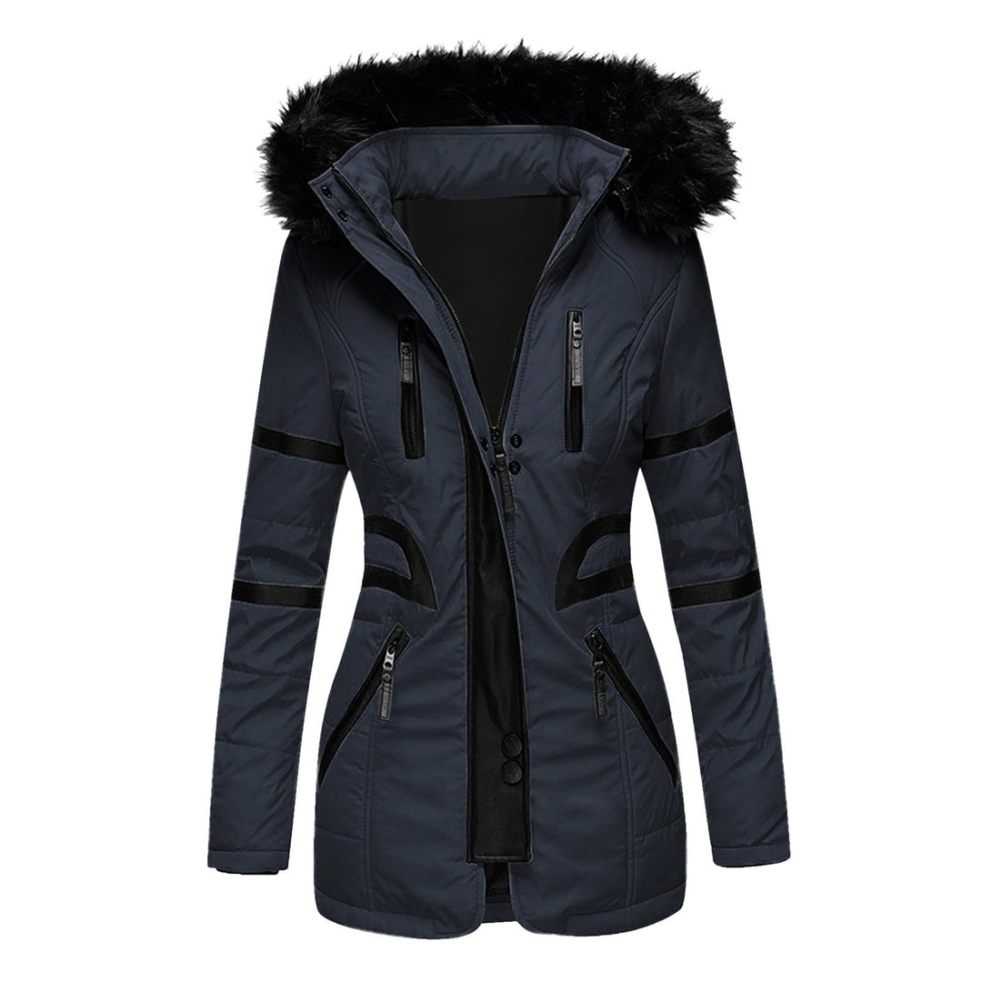 Women's long-sleeve padded jacket with fur-trimmed hood and zipped pockets