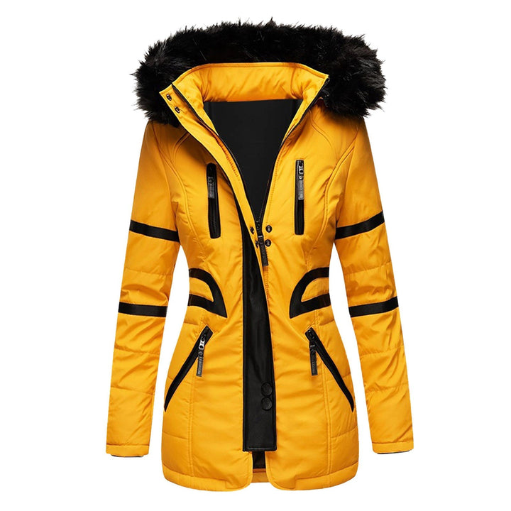 Women's long-sleeve padded jacket with fur-trimmed hood and zipped pockets