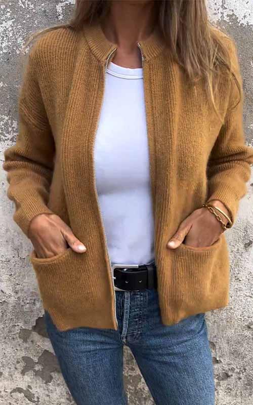 Women's ribbed knit jacket with stand collar, front zipper and patch pockets