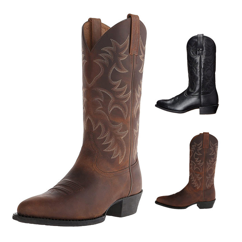 Tall embroidered cowboy boots with pointed toes and low western heels