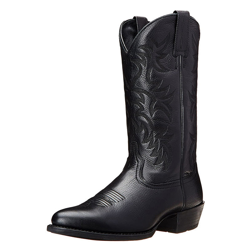 Tall embroidered cowboy boots with pointed toes and low western heels
