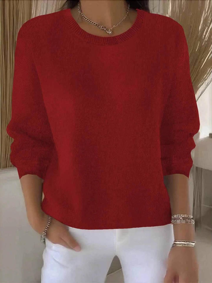 Women's long-sleeve crew neck knit sweater with ribbed trims