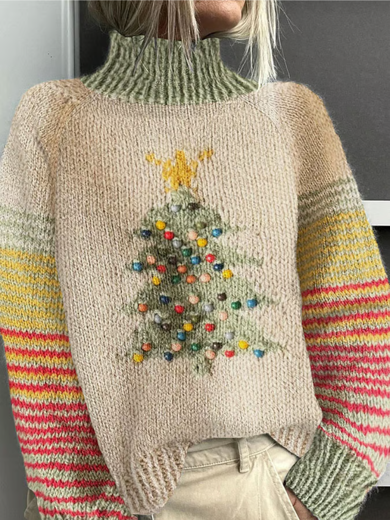 Women's beige turtleneck sweater with a colourful Christmas tree motif and striped sleeves