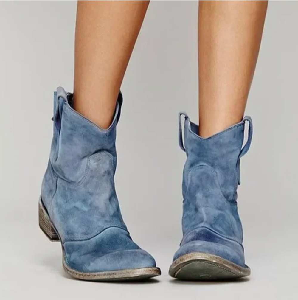 Women's western ankle boots with pull tabs, stitched panels and low block heels