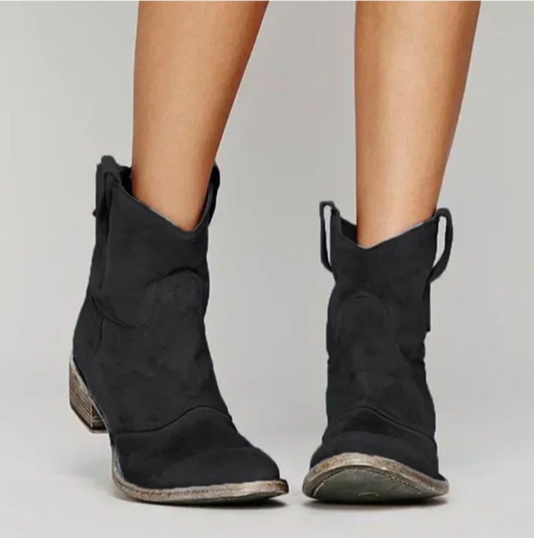 Women's western ankle boots with pull tabs, stitched panels and low block heels