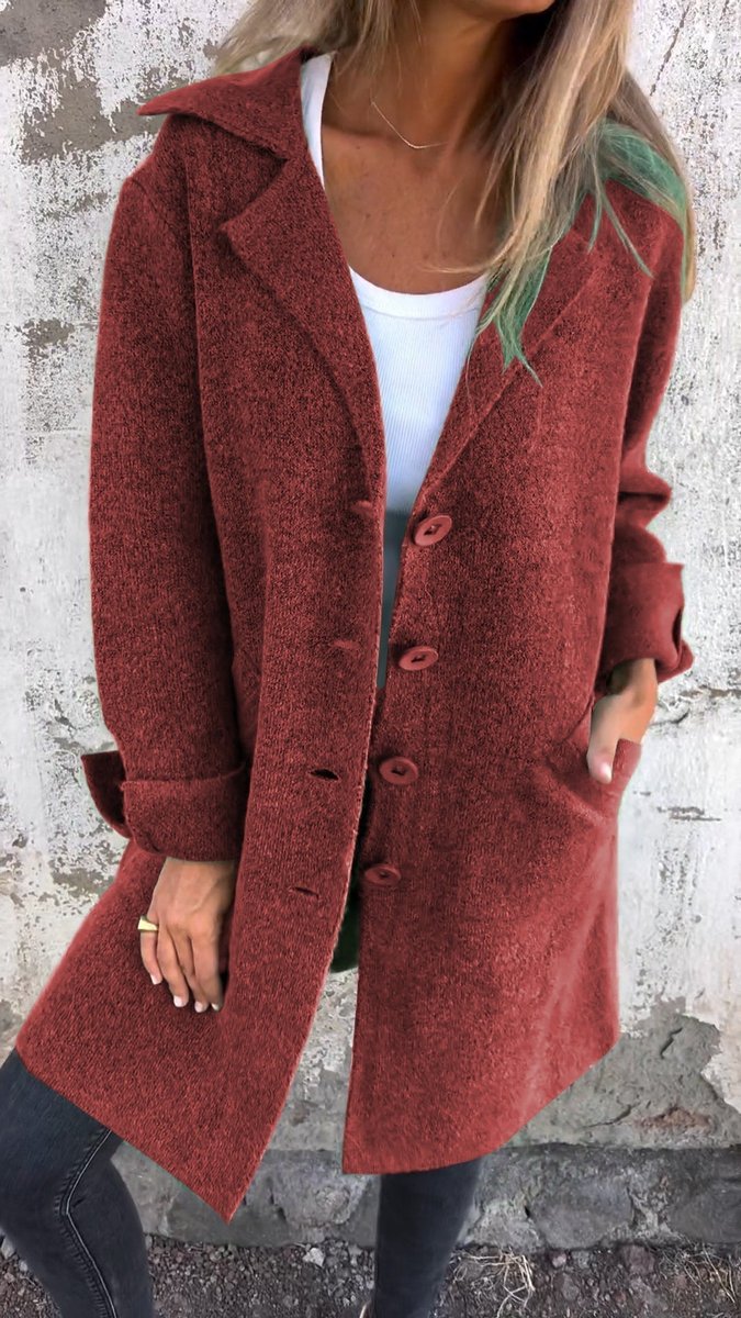 Women's oversized long coat with wide lapels, button front and cuffed sleeves
