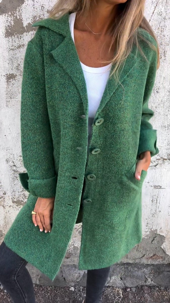 Women's oversized long coat with wide lapels, button front and cuffed sleeves