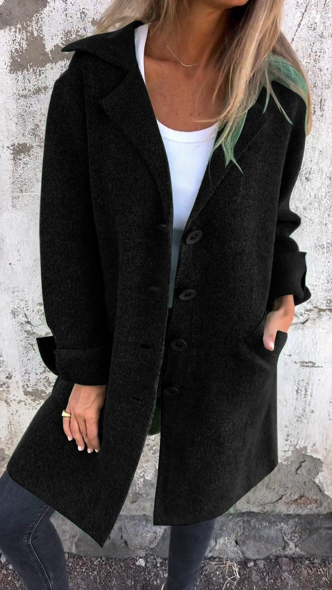 Women's oversized long coat with wide lapels, button front and cuffed sleeves