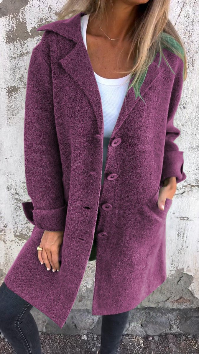 Women's oversized long coat with wide lapels, button front and cuffed sleeves