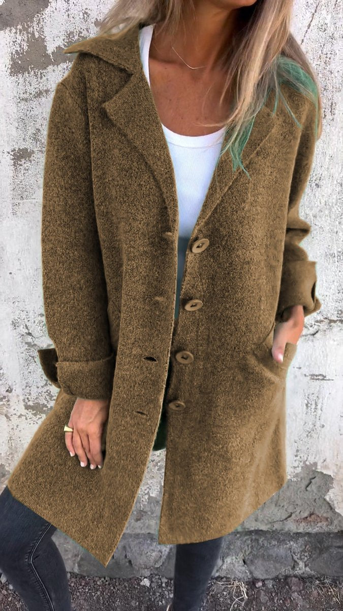 Women's oversized long coat with wide lapels, button front and cuffed sleeves