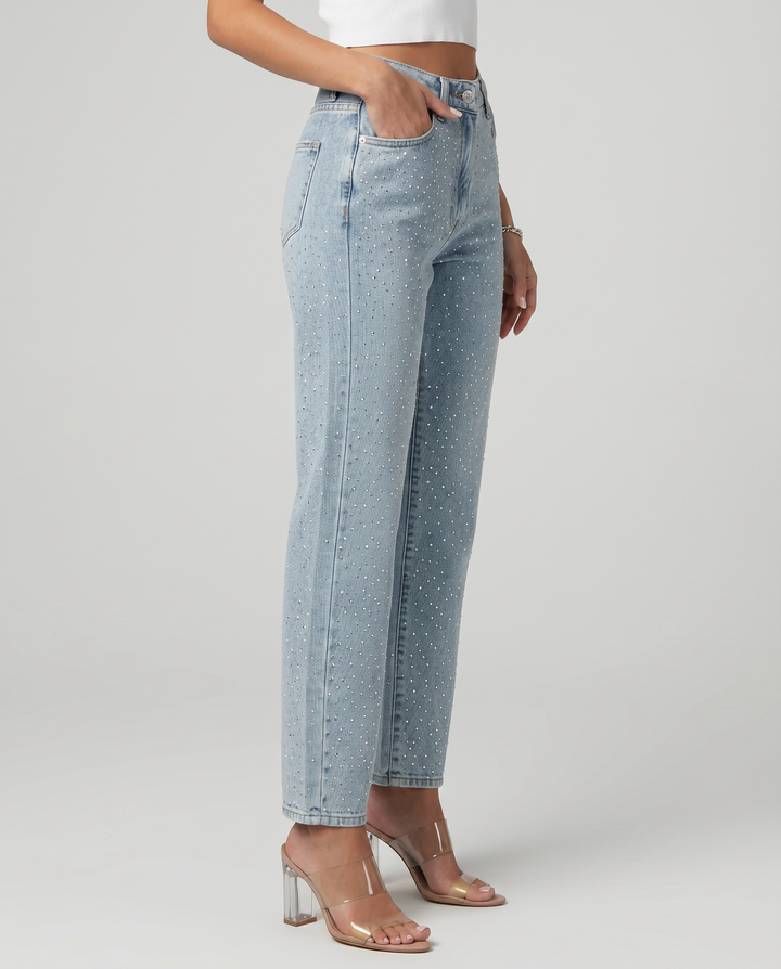 Women's light blue high-rise straight-leg jeans with reflective embellishments