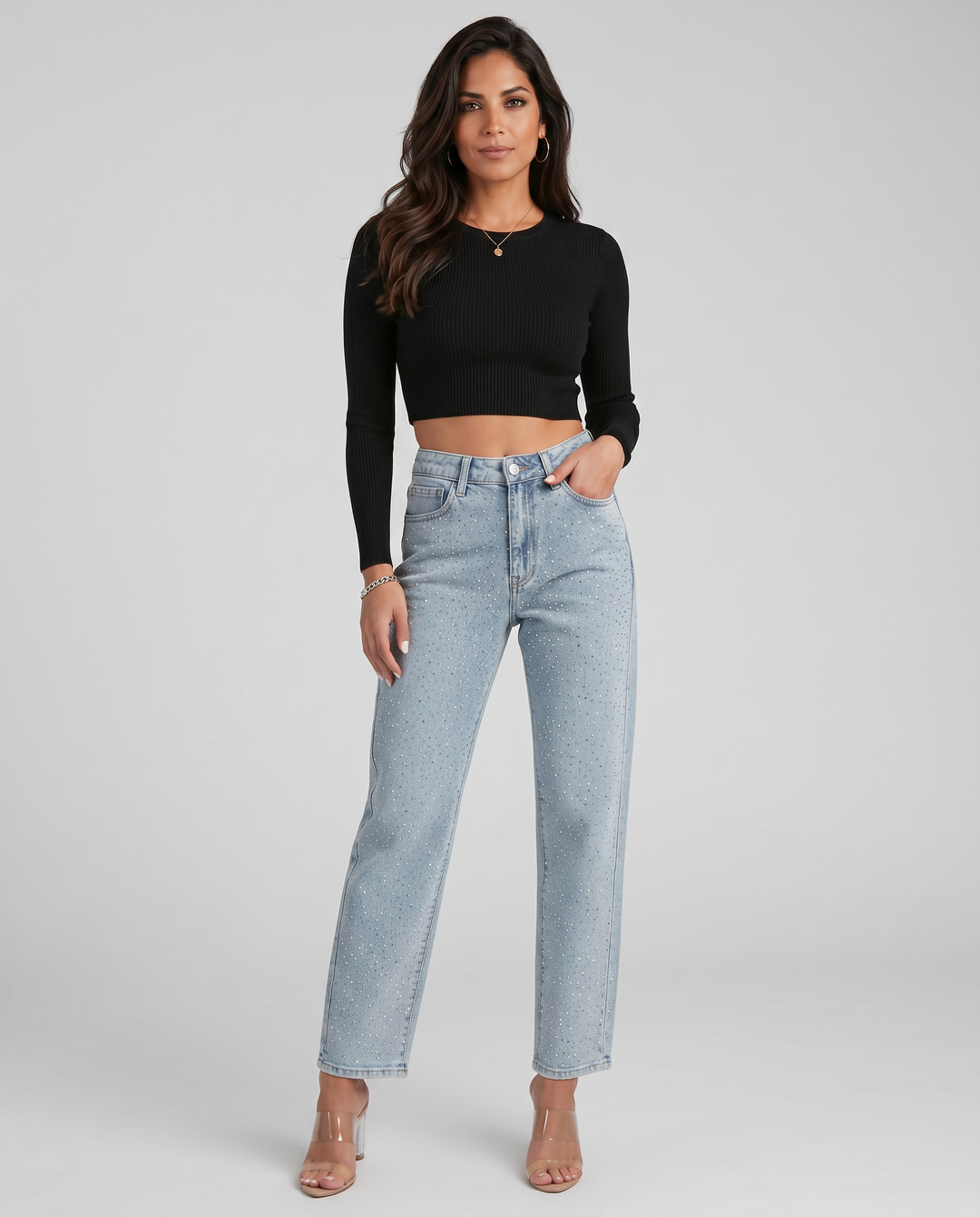 Women's light blue high-rise straight-leg jeans with reflective embellishments