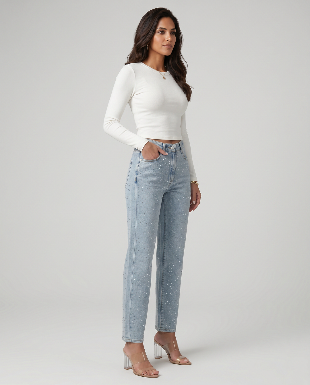 Women's light blue high-rise straight-leg jeans with reflective embellishments