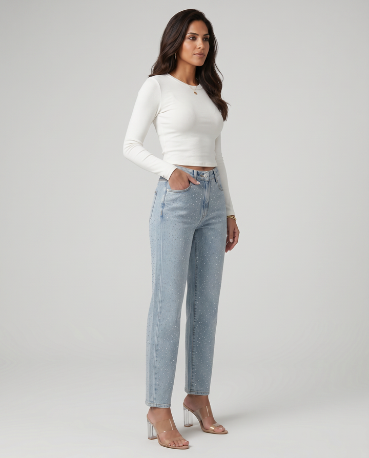 Women's light blue high-rise straight-leg jeans with reflective embellishments