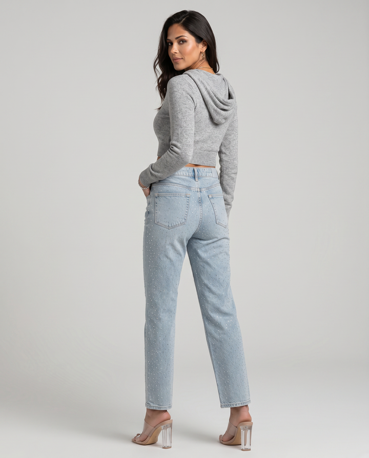 Women's light blue high-rise straight-leg jeans with reflective embellishments