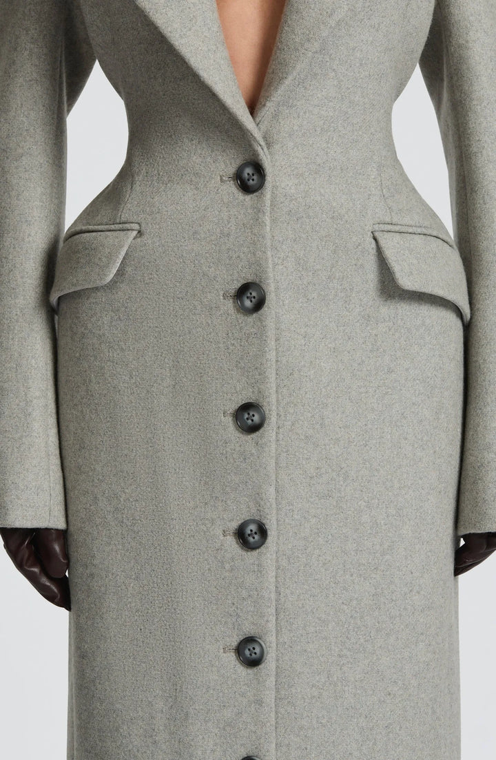 Women's gray longline coat with notched lapels, long sleeves and button front