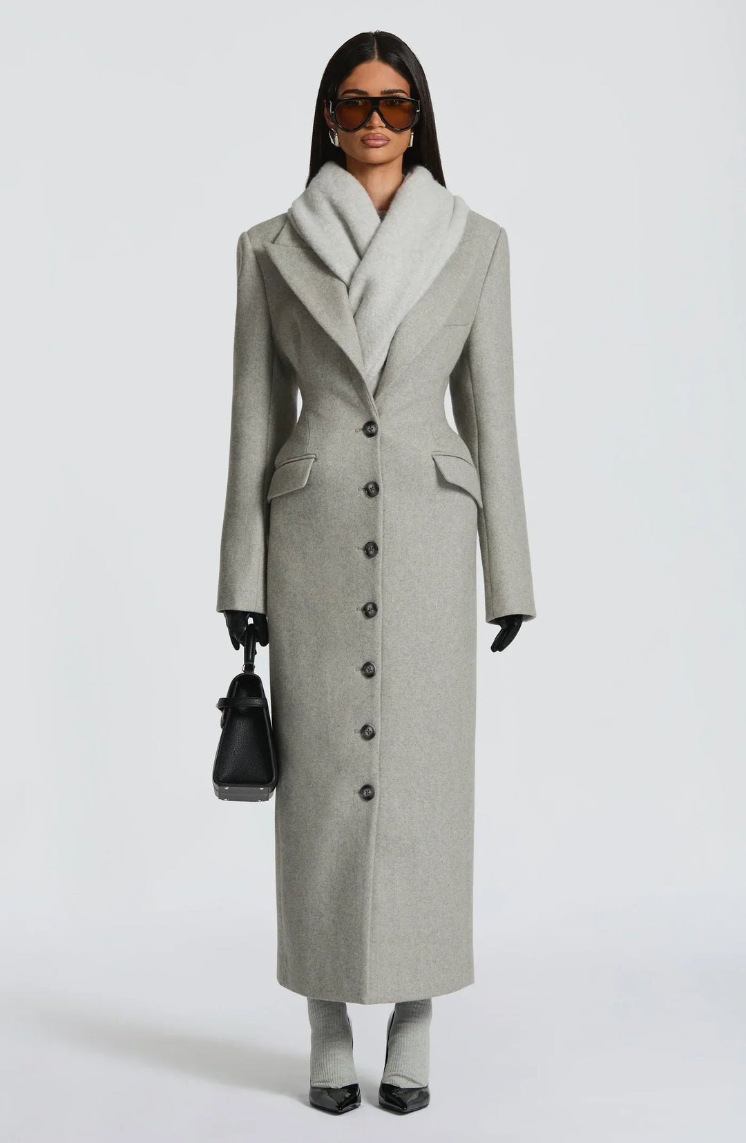 Women's gray longline coat with notched lapels, long sleeves and button front