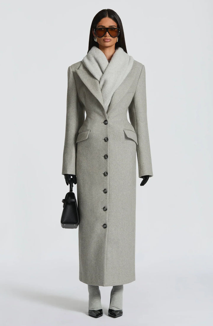 Women's gray longline coat with notched lapels, long sleeves and button front