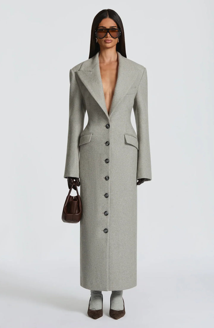 Women's gray longline coat with notched lapels, long sleeves and button front