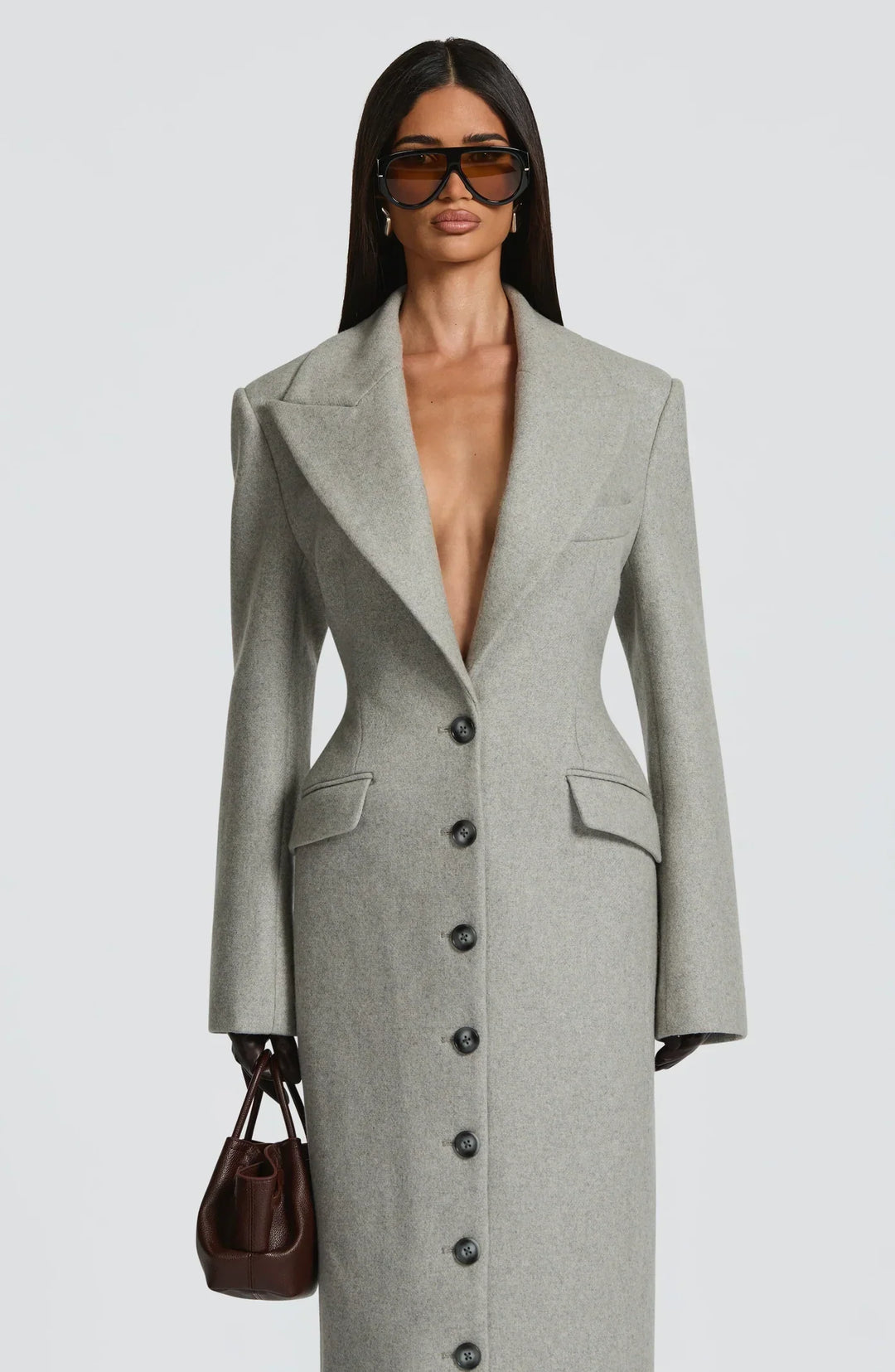 Women's gray longline coat with notched lapels, long sleeves and button front