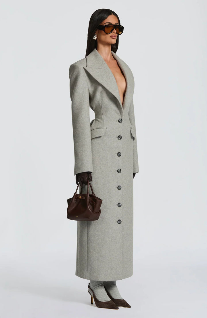 Women's gray longline coat with notched lapels, long sleeves and button front