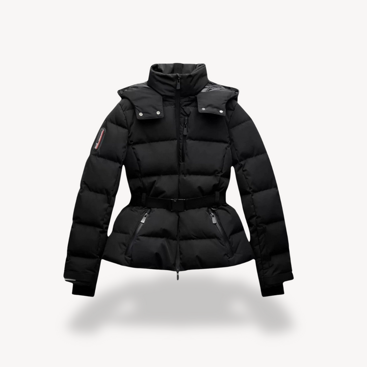 Women's black hooded belted puffer jacket with long sleeves and zip pockets
