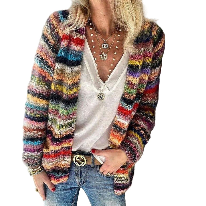 Women's multicoloured striped cardigan with long sleeves and button front