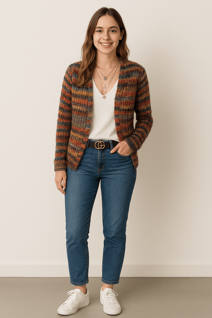 Women's multicoloured striped cardigan with long sleeves and button front