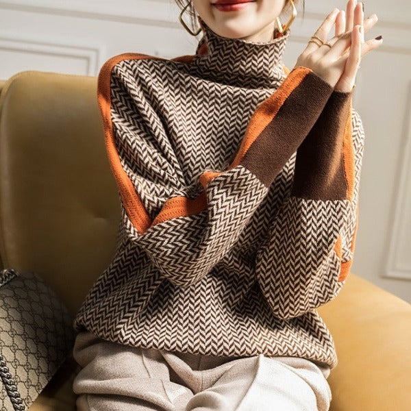 Women's herringbone turtleneck sweatshirt with contrast sleeve trim