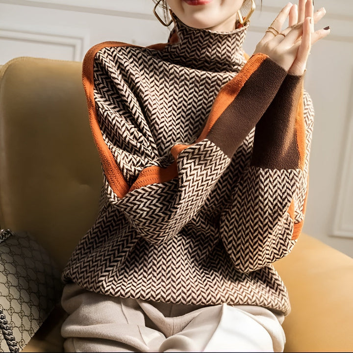 Women's herringbone turtleneck jumper with contrasting sleeve trim