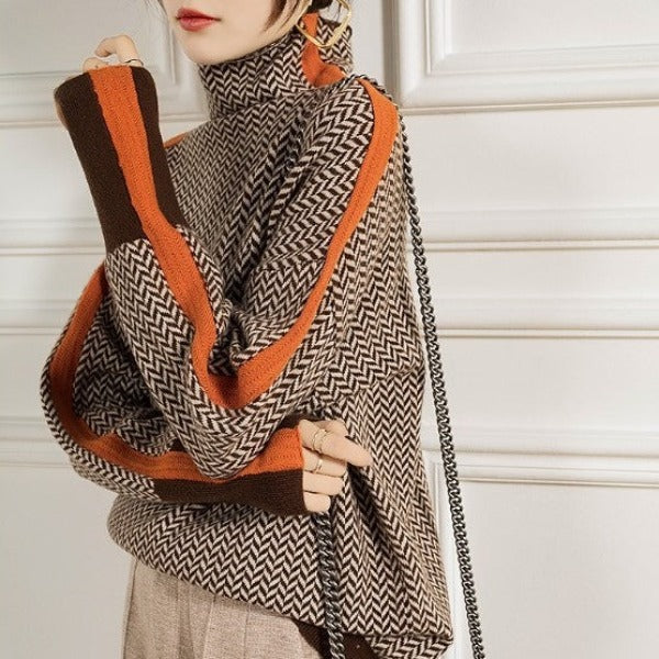Women's herringbone turtleneck sweatshirt with contrast sleeve trim