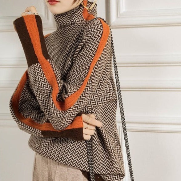 Women's herringbone turtleneck jumper with contrasting sleeve trim