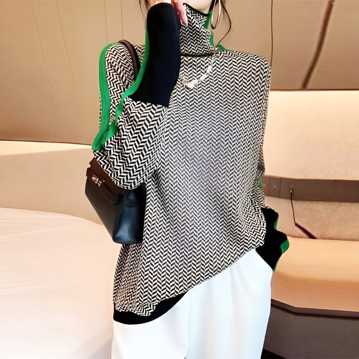 Women's herringbone turtleneck jumper with contrasting sleeve trim
