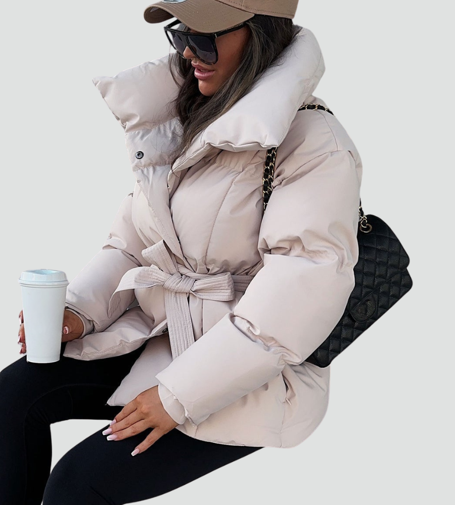 Women's quilted puffer jacket with high collar and tied waist belt