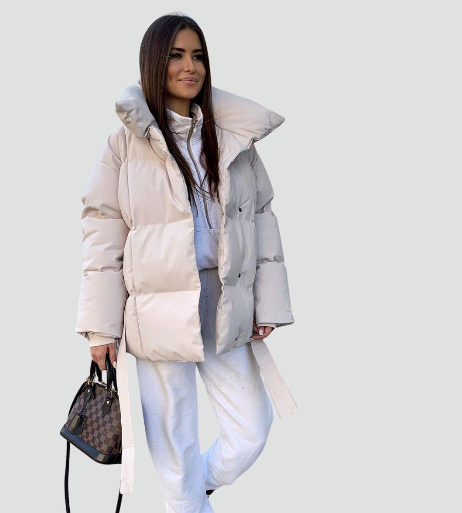 Women's quilted puffer jacket with high collar and tied waist belt