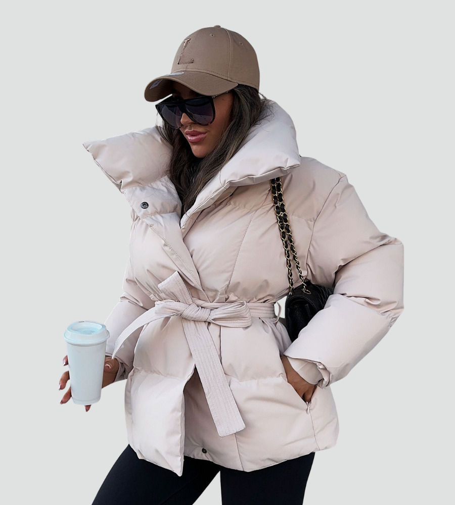 Women's quilted puffer jacket with high collar and tied waist belt