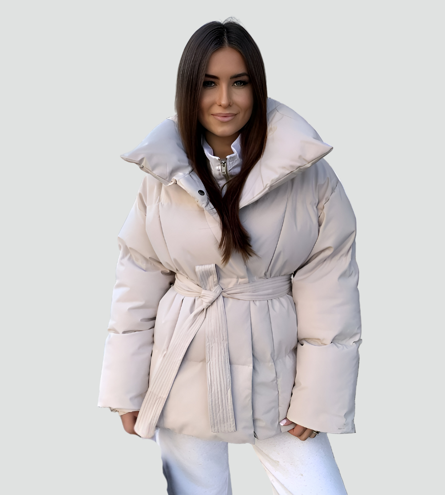 Women's quilted puffer jacket with high collar and tied waist belt